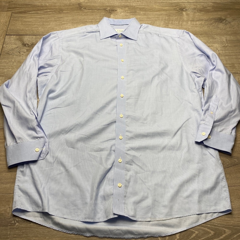 Eton Shirt Custom Made Mens 17.5 Blue Micro Houndstooth Cotton Dress Shirt XL